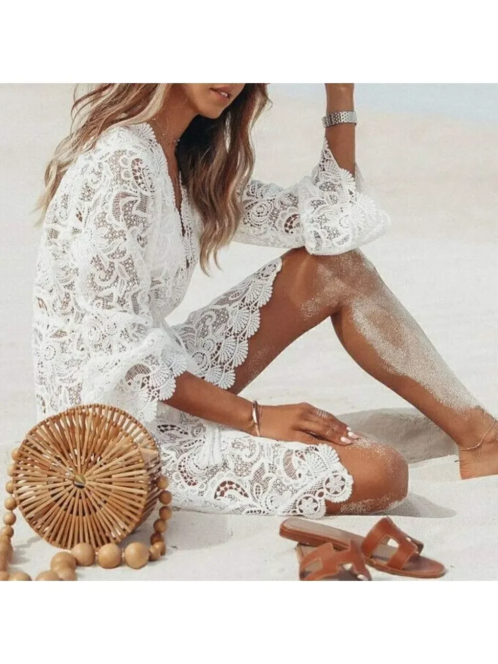 Lace Hollow Crochet Bikini Cover-ups Floral Beach Dress Beachwear Bathing Suit - Picture 3 of 12